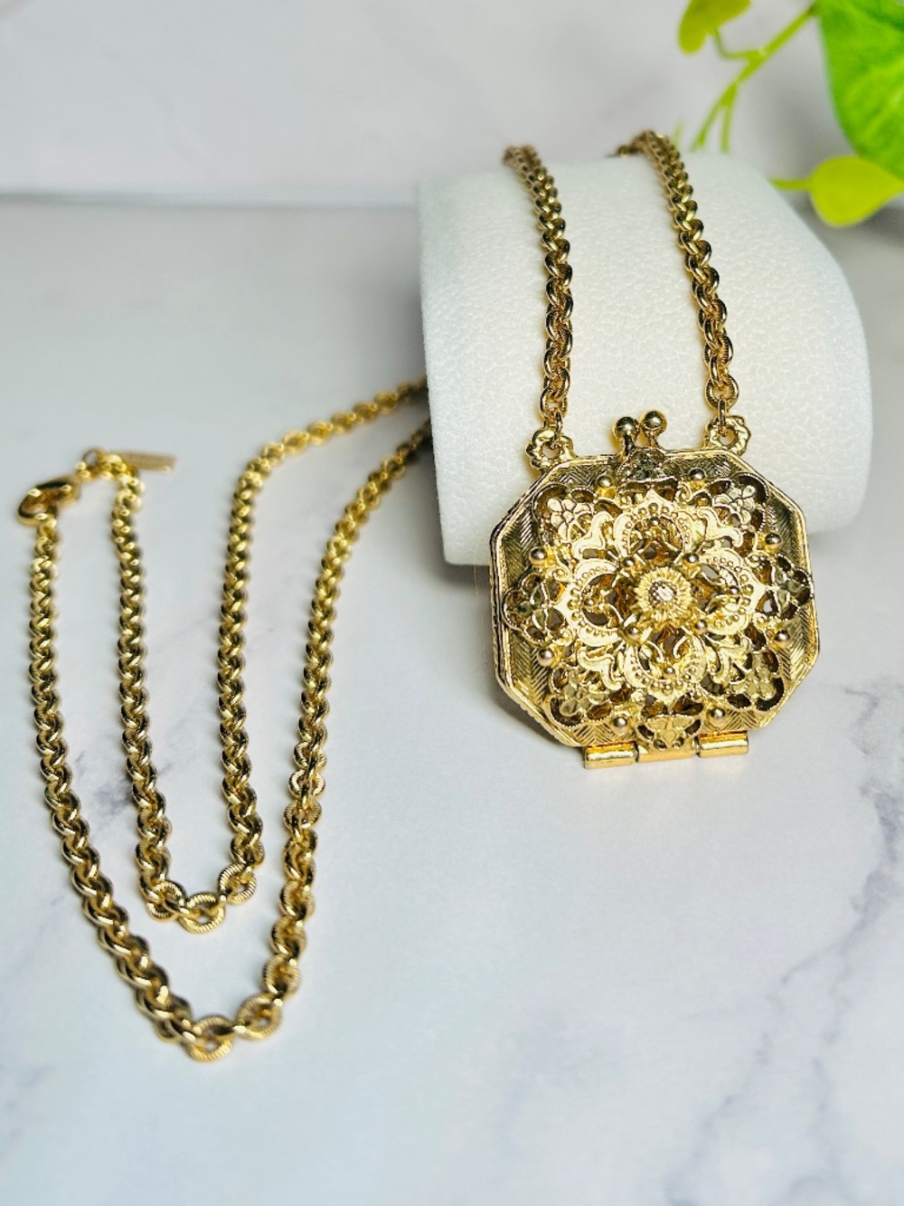 1928 Brand Gold Tone Open Filigree Purse Locket, 28” Chain Necklace